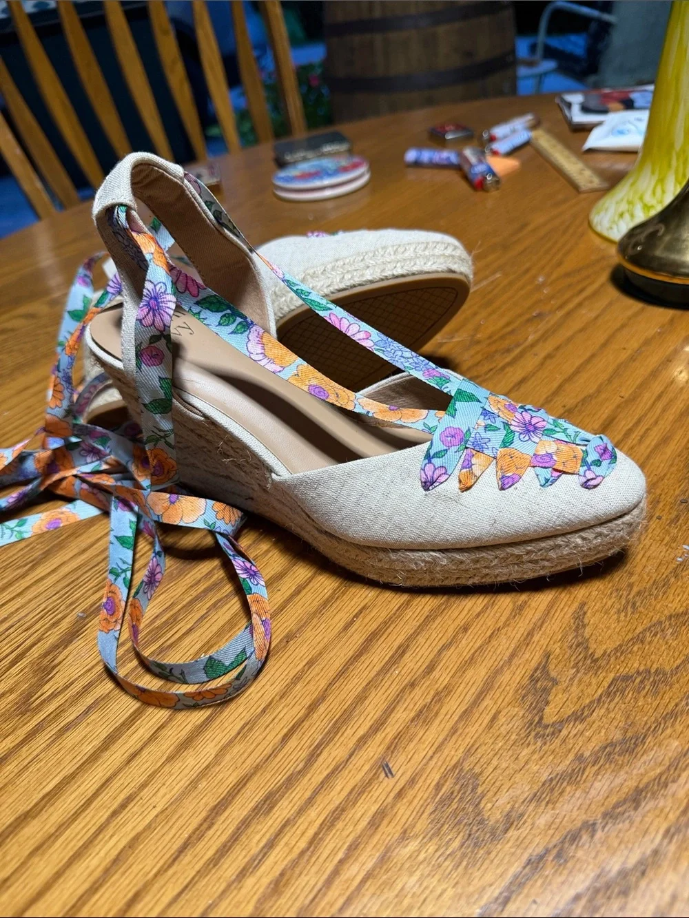Floral Lace-Up Espadrille Wedge Sandals - Beige with Orange & Purple Floral Ties